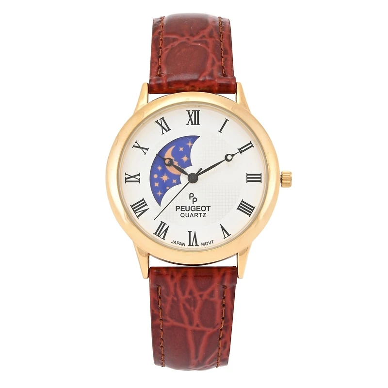 Peugeot Men's 38mm Brown Sun-Moon Brown Leather Strap Watch