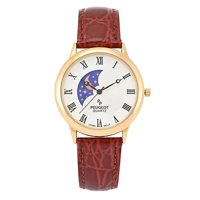 Peugeot Men's 38mm Brown Sun-Moon Brown Leather Strap Watch