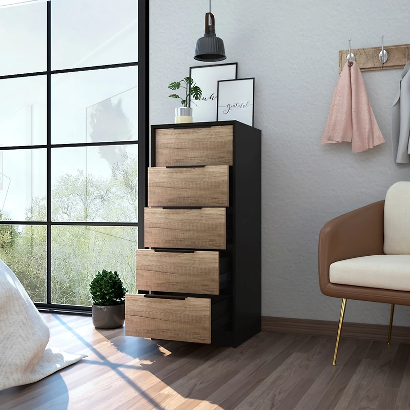 Streamdale Cannon 5-Drawer Rectangle Dresser Black Wengue And Light Oak