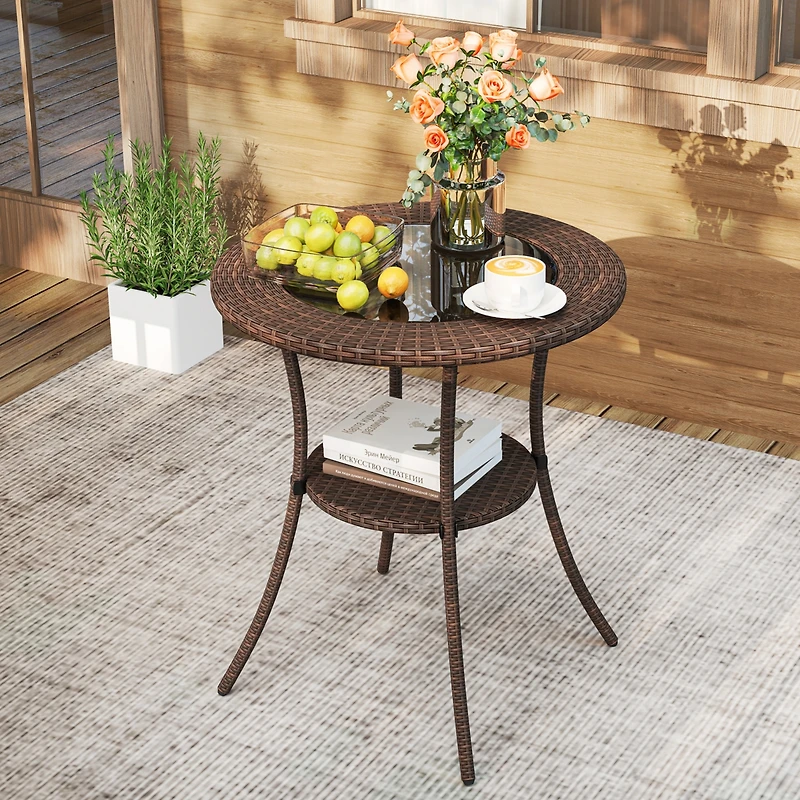 Gymax 25.5'' Pe Wicker Patio Bistro Table Round Coffee Table w/ Tempered Glass Top Outdoor