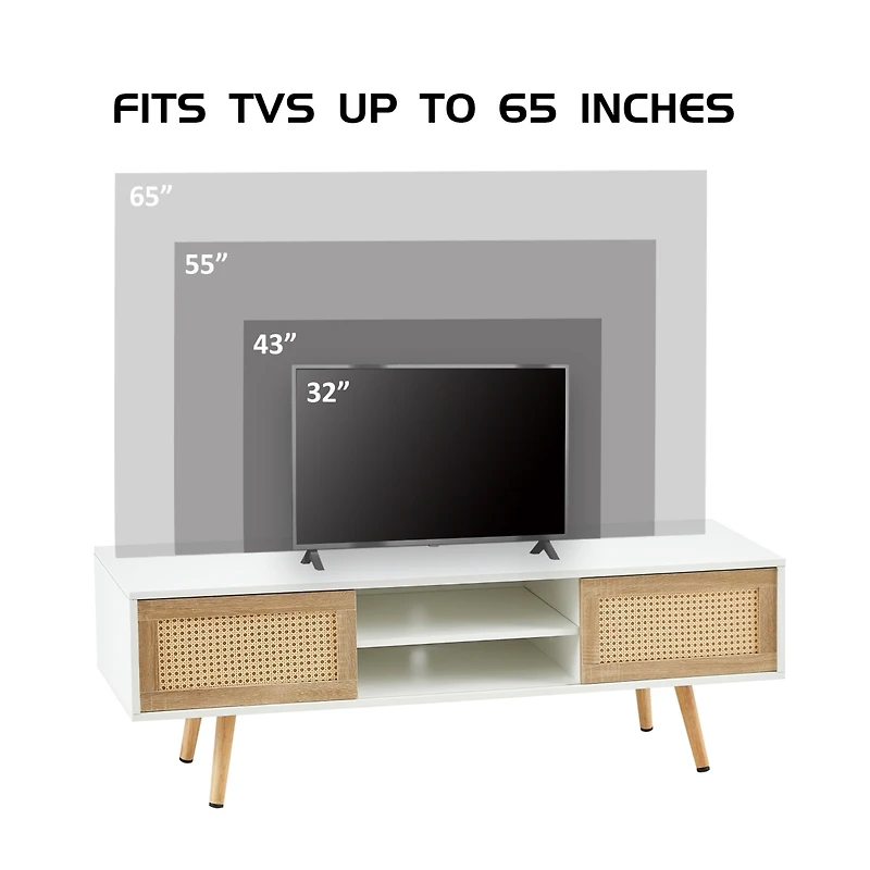 Streamdale White Rattan Tv Cabinet with Sliding Doors & Adjustable Shelf