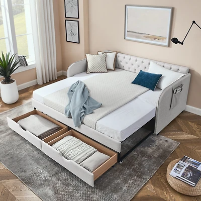 Simplie Fun Twin Daybed with Trundle, Storage Drawers & Flat Arms