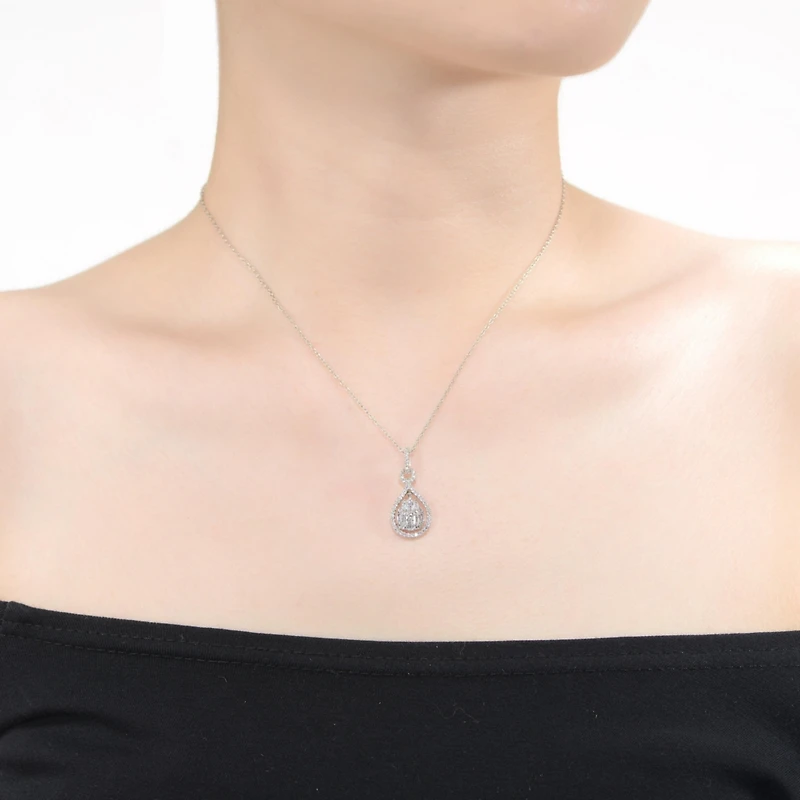 White Gold Plated with Cubic Zirconia Door Knocker Love Knot Pendant Necklace
