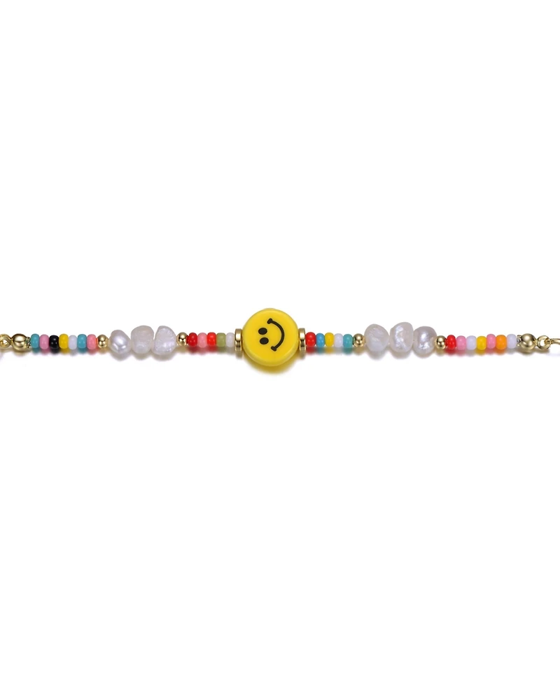 GiGiGirl 14k Yellow Gold Plated Multi Color Beads Bracelet with Freshwater Pearls and a Smiley Charm for Kids