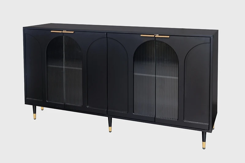 Black Lacquered Wooden Accent Cabinet with Glass Doors, 4-Door Storage Buffet