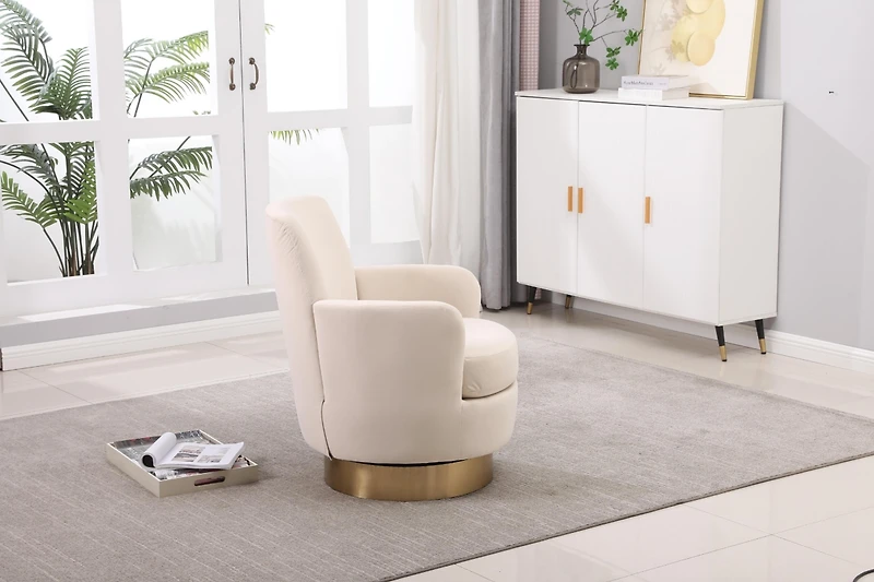 Simplie Fun Beige Velvet Swivel Accent Chair with Gold Base