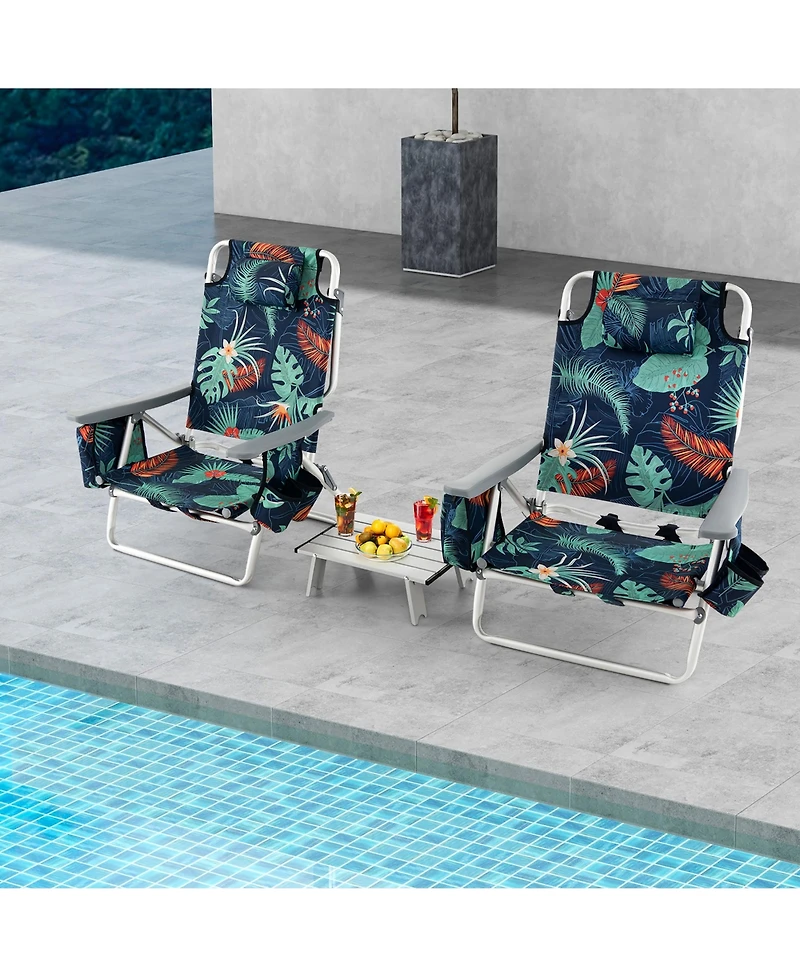 Gymax 2-Pack Folding Backpack Beach Chair Table Set 5-Position Outdoor Reclining Chair