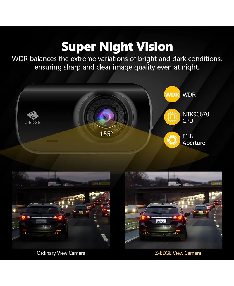 Z-edge 2K 2560x1440 Dual Lens Dash Cam, Front and Rear Dash Camera with Gps