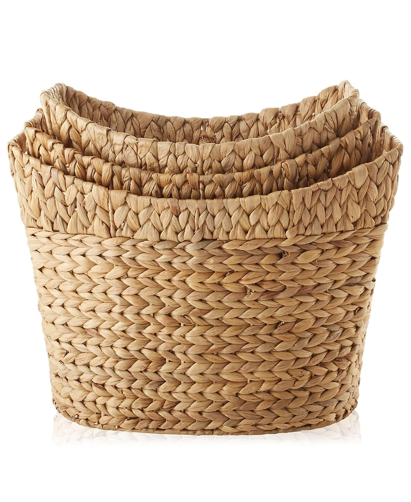 Casafield Set of 3 Oval Baskets with Handles - Natural, Water Hyacinth Woven Storage Totes for Blankets, Laundry, Bathroom, Bedroom, Living Room