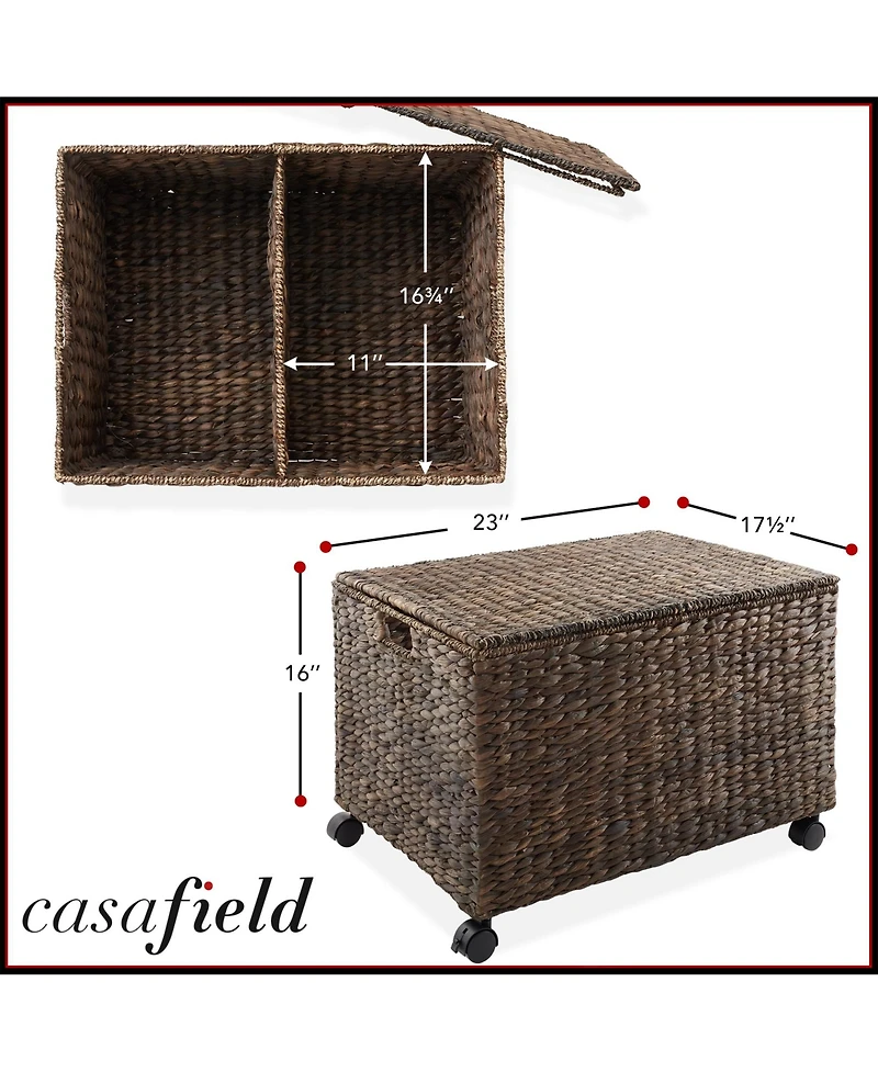 Casafield Rolling Storage Basket Cart with Lid and Wheels, Natural - Woven Water Hyacinth Divided Sorting Bin for Kitchen, Pantry, Laundry, Garage