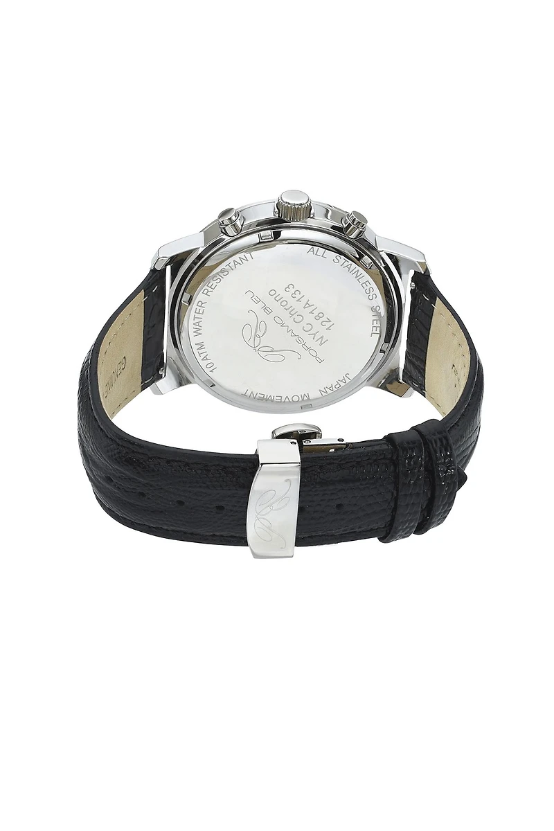 Porsamo Bleu Nyc Chrono Genuine Leather Silver Tone & Black Men's Watch 1281ANYL