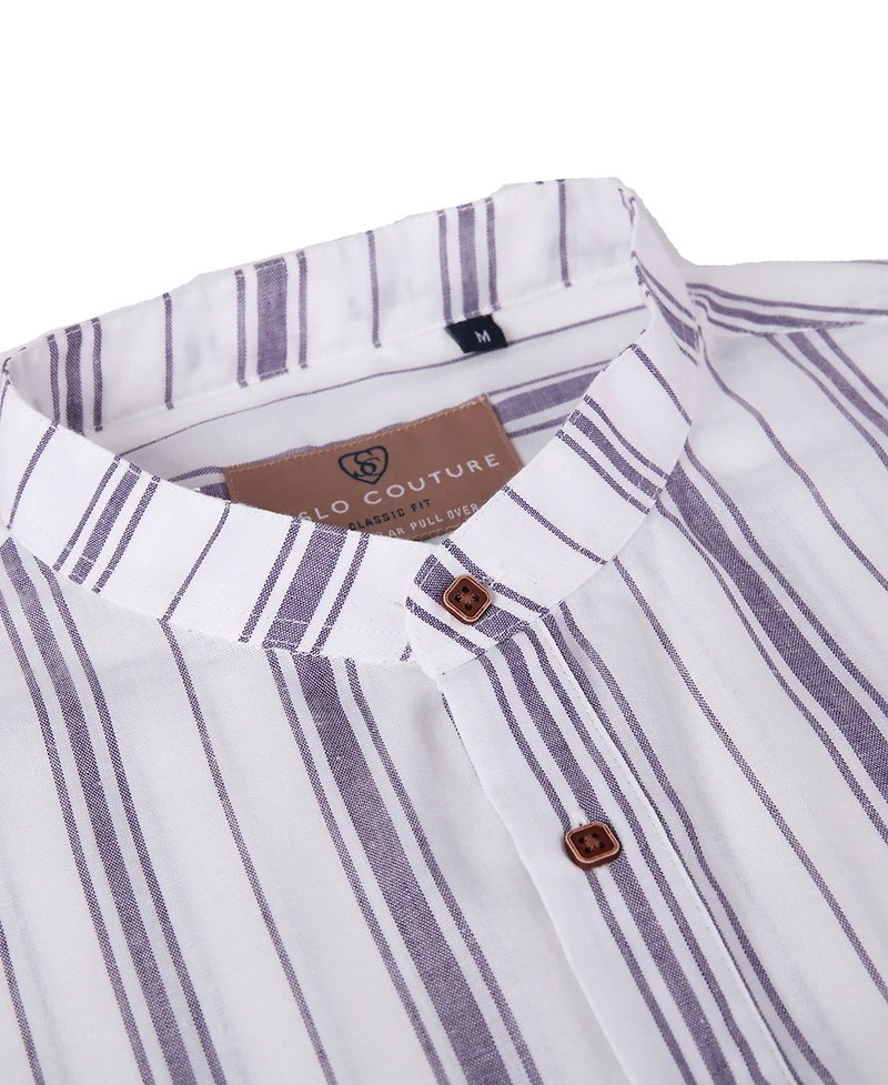 Suslo Couture Men's Linen Stripped Banded Collar Button Up