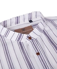 Suslo Couture Men's Linen Stripped Banded Collar Button Up