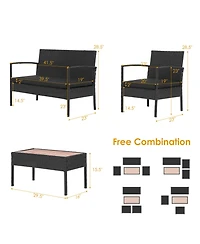 Gymax 4PCS Rattan Patio Conversation Furniture Set Outdoor Sofa Set w/ Black Cushions