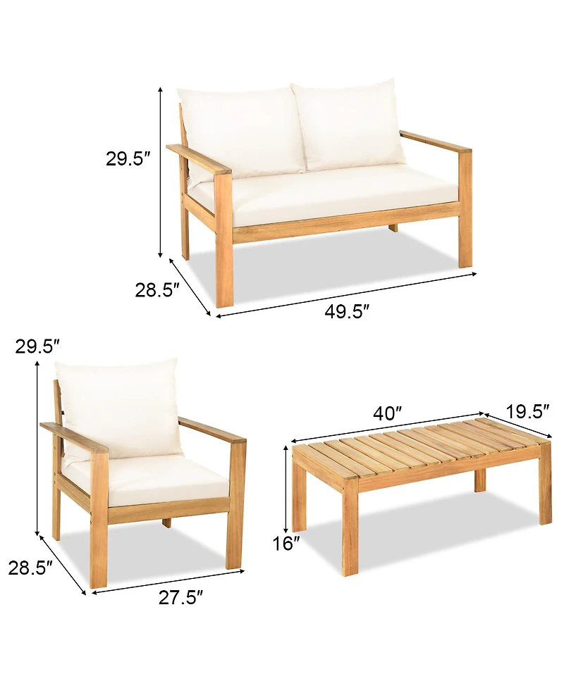 Gymax 4PCS Patio Acacia Wood Conversation Furniture Set w/ Off White Cushions
