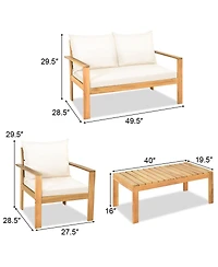 Gymax 4PCS Patio Acacia Wood Conversation Furniture Set w/ Off White Cushions