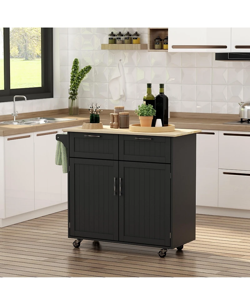 Homcom 41" Modern Rolling Kitchen Island on Wheels, Utility Cart Storage Trolley with Rubberwood Top & Drawers, Black