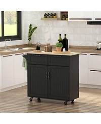 Homcom 41" Modern Rolling Kitchen Island on Wheels, Utility Cart Storage Trolley with Rubberwood Top & Drawers, Black