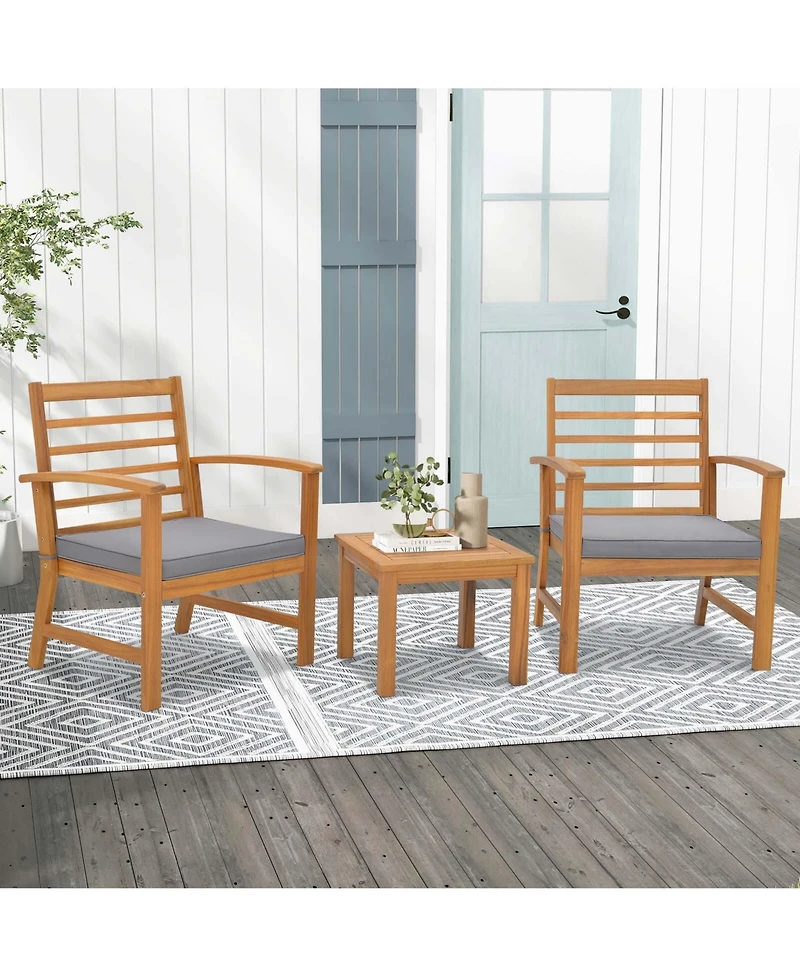 3 Pcs Outdoor Furniture Set Acacia Wood Conversation with Soft Seat Cushions
