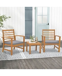 3 Pcs Outdoor Furniture Set Acacia Wood Conversation with Soft Seat Cushions