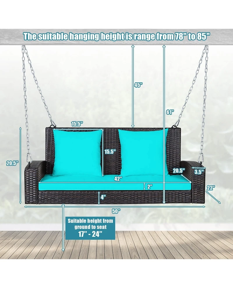 Sugift 2-Person Wicker Hanging Porch Swing with 2 Back Cushions and 1 Seat Cushion