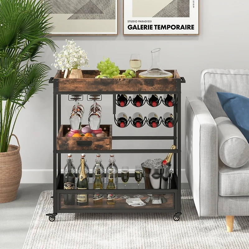 Sugift 3-Tier Industrial Buffet Serving Cart with Wine Rack