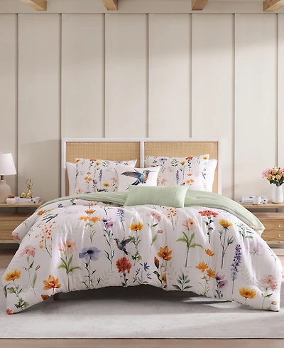 Bebejan Fresh Cut Flowers Bedding 200 Thread Count 100% Cotton Sateen 5 Piece Reversible Queen Comforter Set