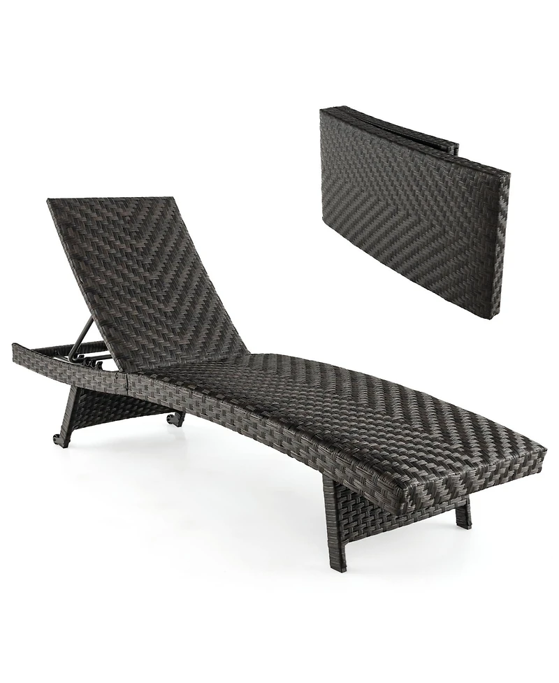 1PC Folding Patio Chaise Lounge Chair Outdoor Rattan Adjustable Recliner Quick Dry Foam