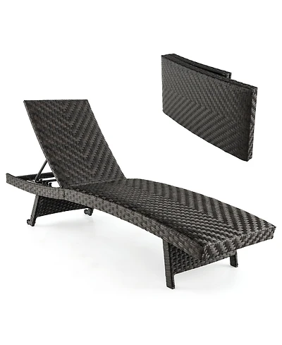 1PC Folding Patio Chaise Lounge Chair Outdoor Rattan Adjustable Recliner Quick Dry Foam