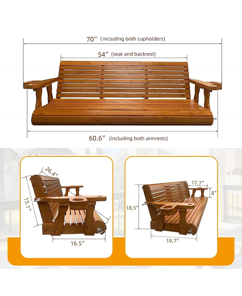 Wooden Porch Swing 3-Seater, Bench Swing with Cupholders, Hanging Chains and 7mm Springs, Heavy Duty 800 Lbs, for Outdoor Patio Garden Yard