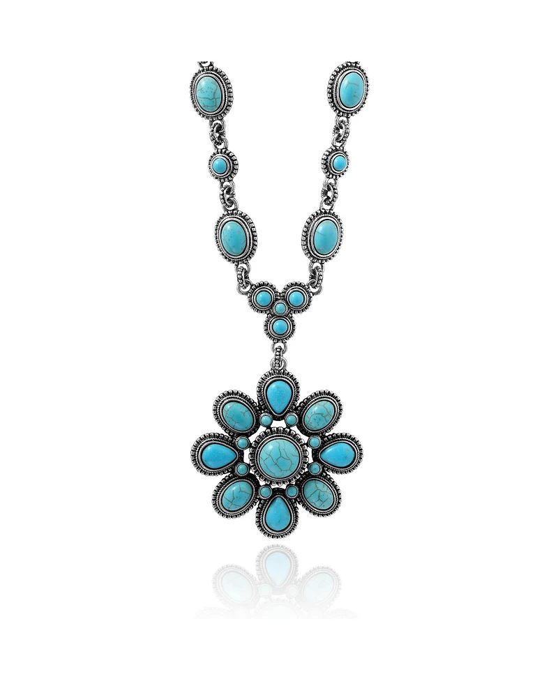 Jessica Simpson Women's Large Turquoise Stone Flower Necklace in Silver or Gold Tone