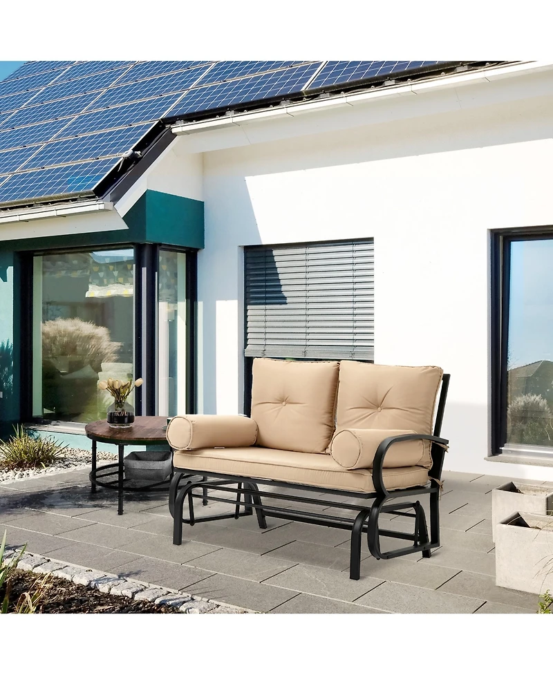 Outsunny Outdoor Rocking Loveseat, Patio Glider Bench, Cushions, Pillow Armrests, Khaki