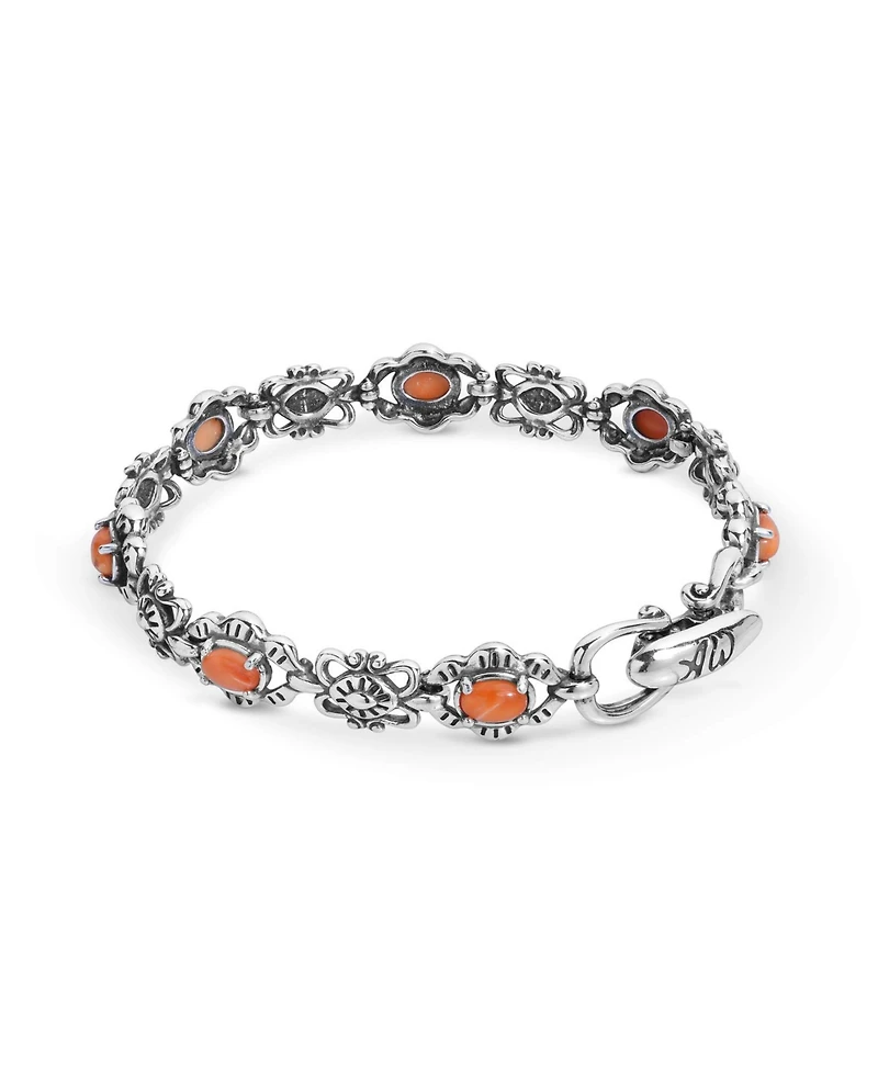 American West Sterling Silver Women's Link Bracelet Oval Orange Spiny Oyster Gemstone Small - Large