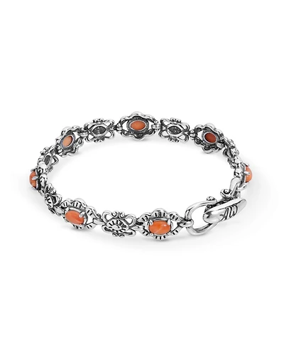 American West Sterling Silver Women's Link Bracelet Oval Orange Spiny Oyster Gemstone Small - Large