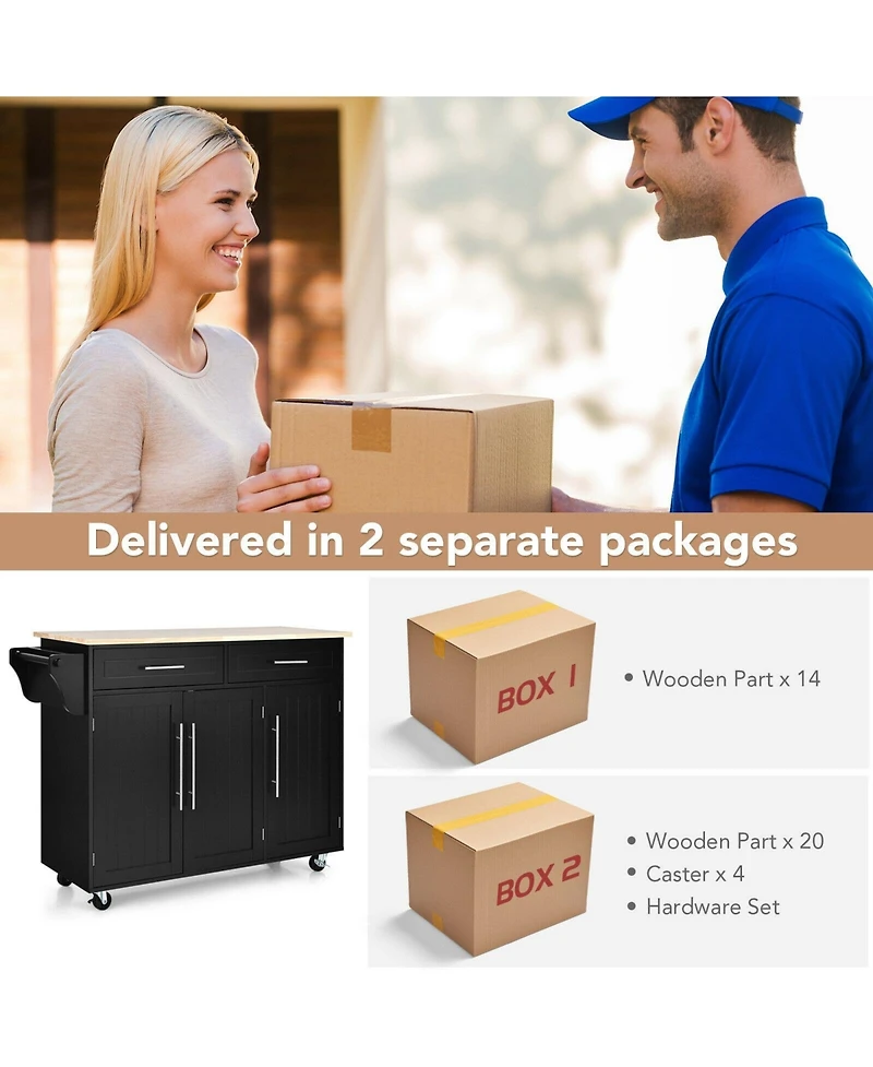 Kitchen Island Trolley Wood Top Rolling Storage Cabinet Cart with Knife Block