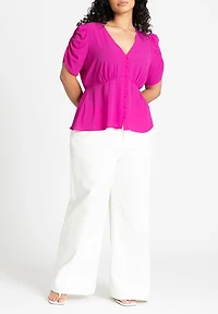Eloquii Women's Shirred Sleeve Top With Buttons