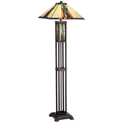 Robert Louis Tiffany Ranier Rustic Mission Floor Lamp 59 1/2" Tall Bronze with Led Nightlight Stained Art Glass Shade for Living Room Bedroom Off
