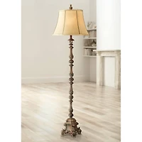 Regency Hill Rustic Floor Lamp 62" Tall French Faux Wood Antique Candlestick Beige Silk Bell Shade for Living Room Reading Bedroom Office