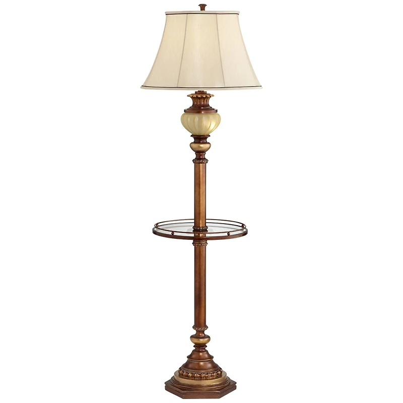 Hyde Park Rustic Vintage like Floor Lamp with Nightlight Glass Tray 65" Tall Bronze Gold Metal Pearl White Frosted Glass Fabric Bell Shade for Li