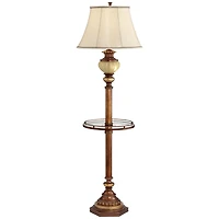 Hyde Park Rustic Vintage like Floor Lamp with Nightlight Glass Tray 65" Tall Bronze Gold Metal Pearl White Frosted Glass Fabric Bell Shade for Li