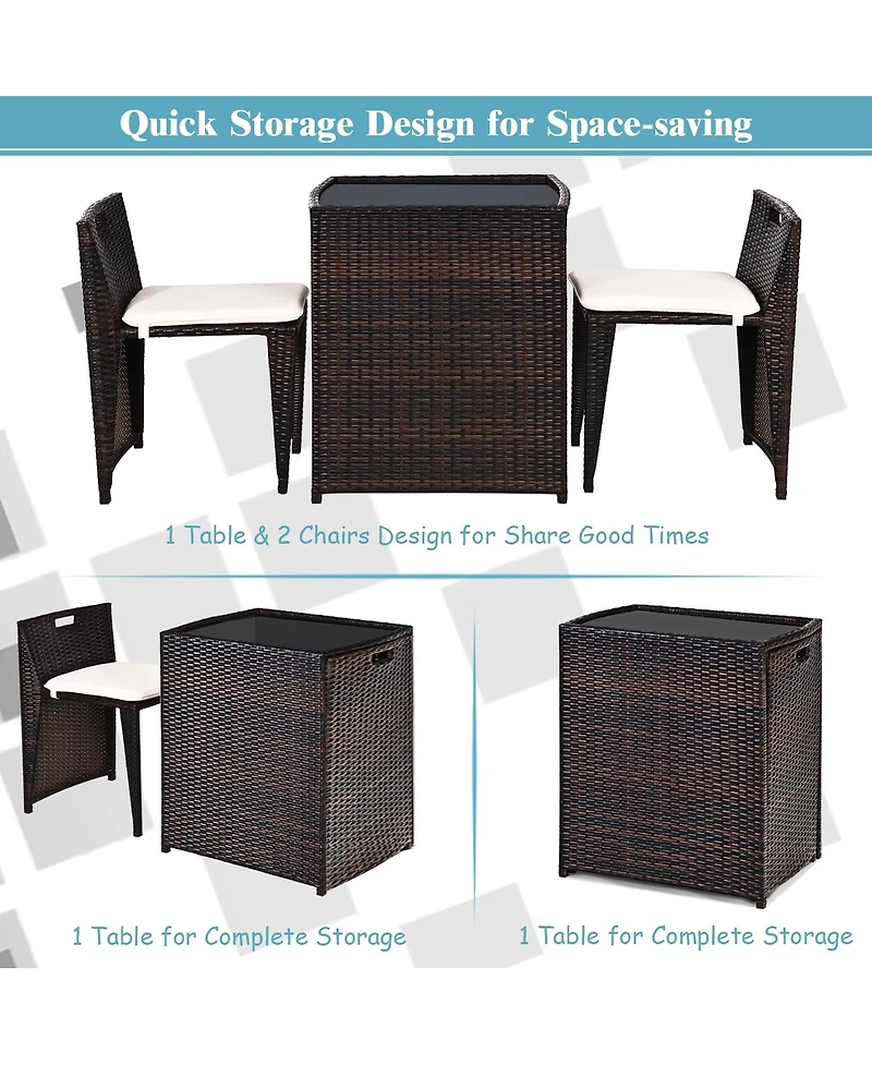3 Pieces Cushioned Outdoor Wicker Patio Set with No Assembly Needed