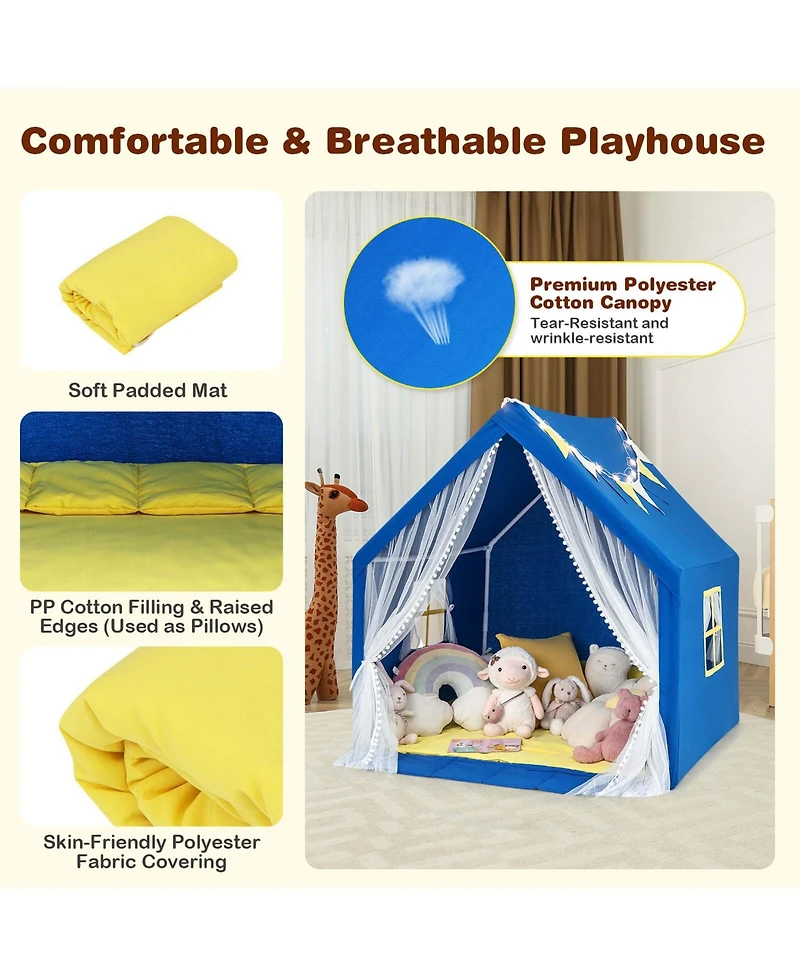 Costway Large Play Tent Kids & Toddlers Playhouse with Washable Cotton Mat, Star Lights