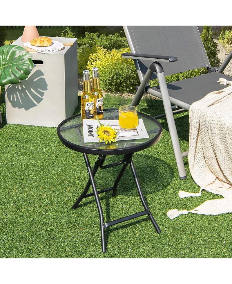 Patio Folding Round Glass Side Table Bistro Coffee Table Plant Stand