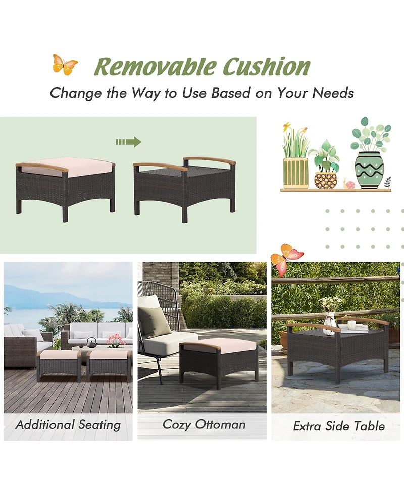 Set of 2 Patio Rattan Ottoman Footrest Cushions Wooden Handle