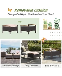 Set of 2 Patio Rattan Ottoman Footrest Cushions Wooden Handle