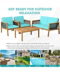 Gymax 4PCS Patio Acacia Wood Furniture Set Pe Rattan Conversation Set w/ Turquoise Cushions
