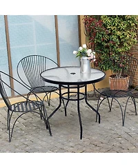 32'' Patio Round Table Tempered Glass Steel Frame Outdoor Pool Yard Garden