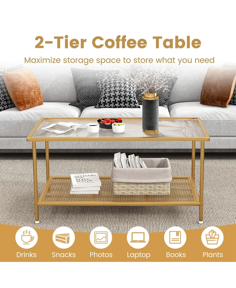 Costway 2-Tier Coffee Table with Shelf with Tempered Glass Top & Metal Frame Living Room