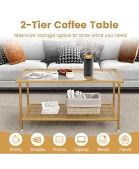 Costway 2-Tier Coffee Table with Shelf with Tempered Glass Top & Metal Frame Living Room