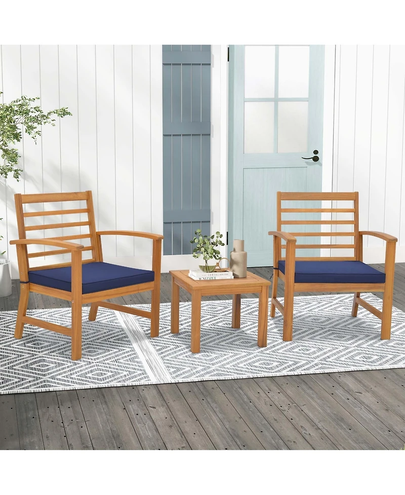 3 Pcs Outdoor Furniture Set Acacia Wood Conversation with Soft Seat Cushions
